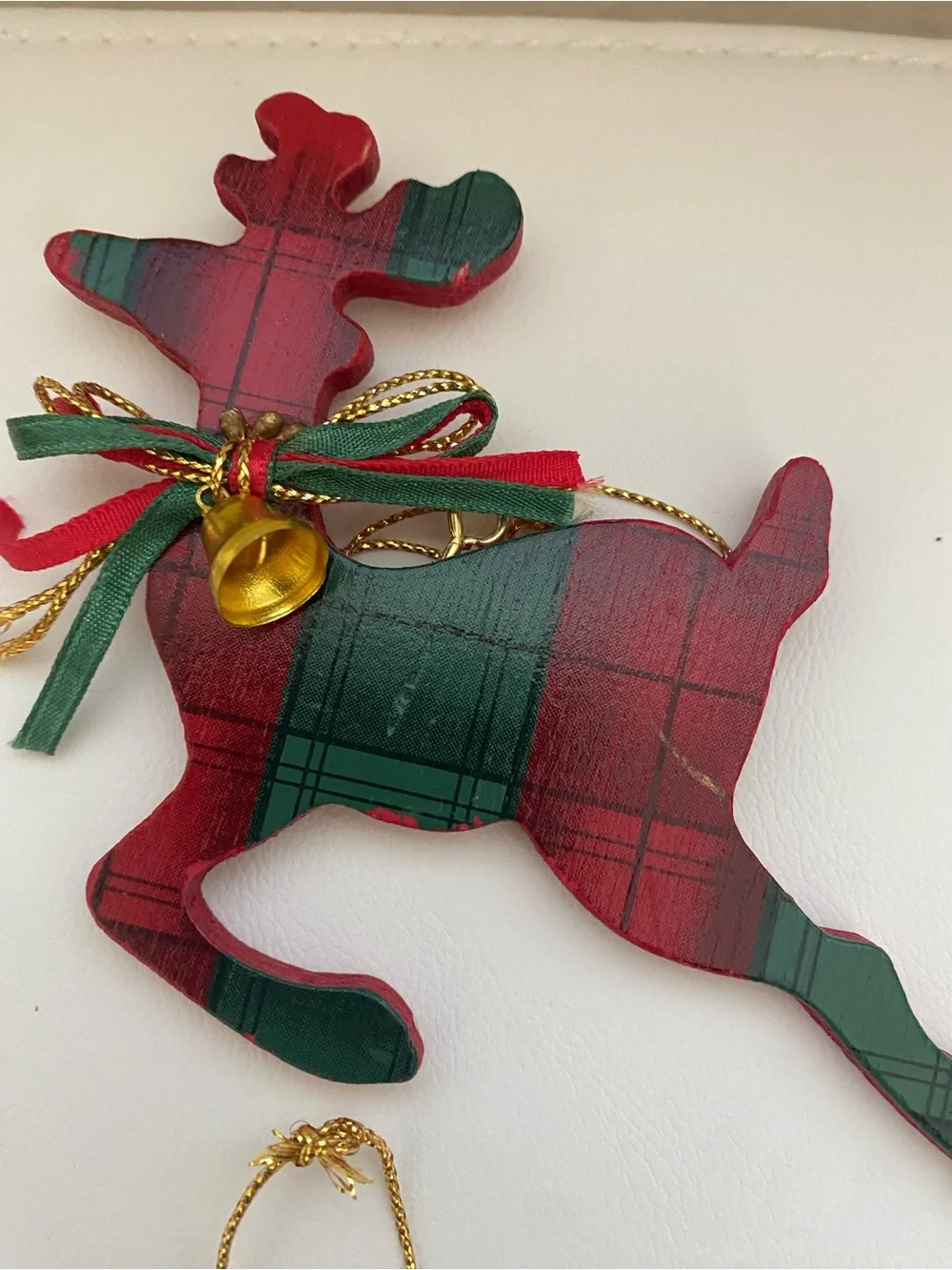 Vintage Wooden Christmas Ornaments Plaid Tartan Set of 4 Bear Reindeer Horse 4”H